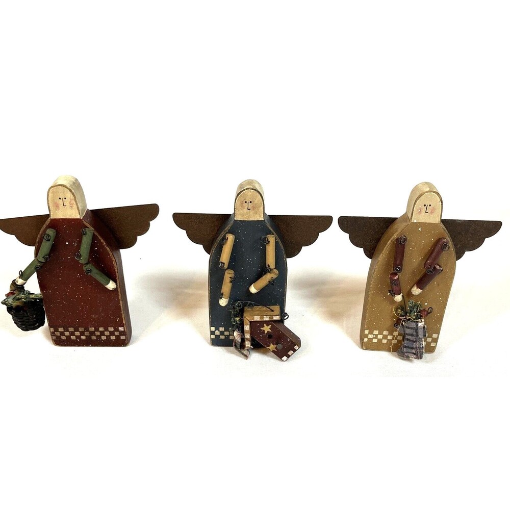 Set of 3 Wooden Folk Art Angels Primitive Christmas Holiday Decor Metal Wings